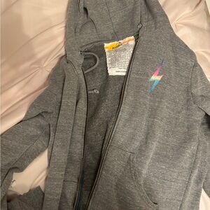 AVIATOR NATION grey zip up hoodie with rainbow lightning bolt,size M|barely worn